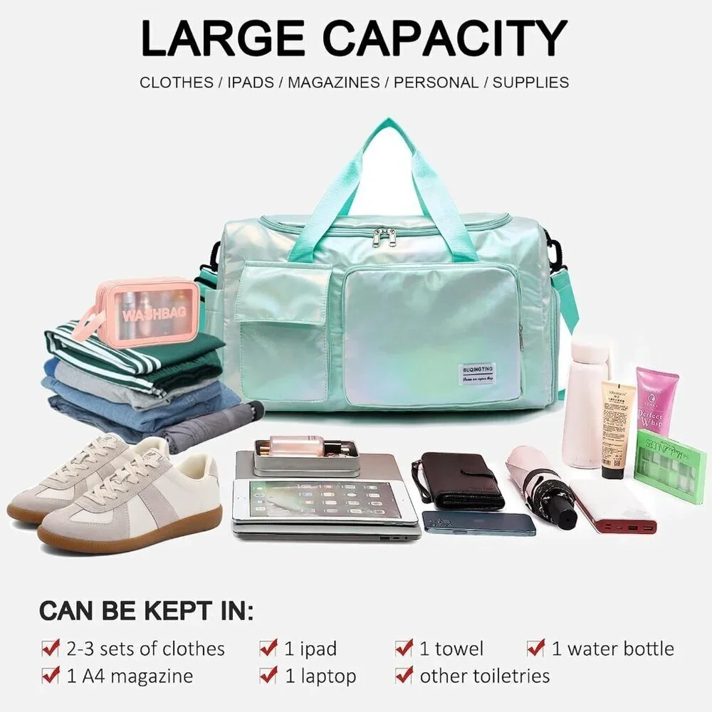 Women Green Shinny Small Gym Carry On Weekender Travel Shoe Compartment Bag - Picture 3 of 6